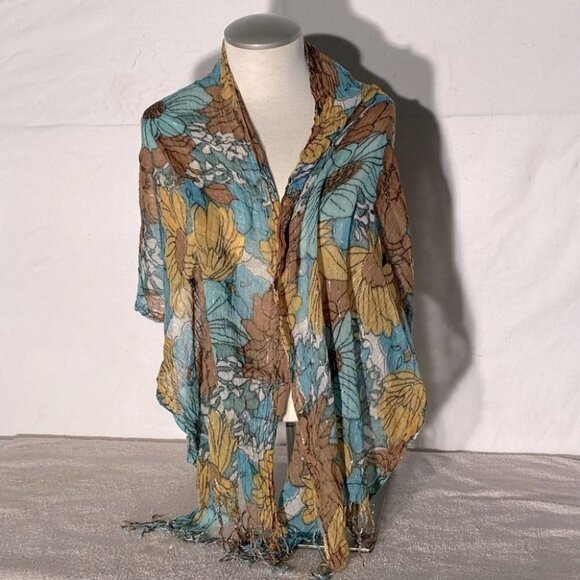5/$25 Floral Scarf with Fringe and Metallic Threads - Picture 1 of 7